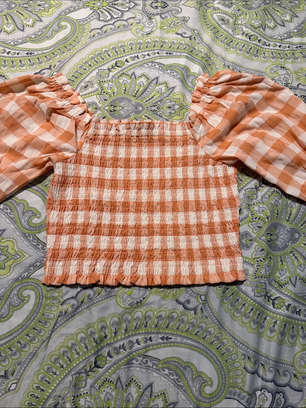 Gingham Smocked Puff-Sleeve Crop Top in Orange/White